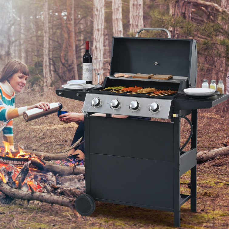 Black Stainless Steel 4-Burner Propane Gas Grill with Side Burner