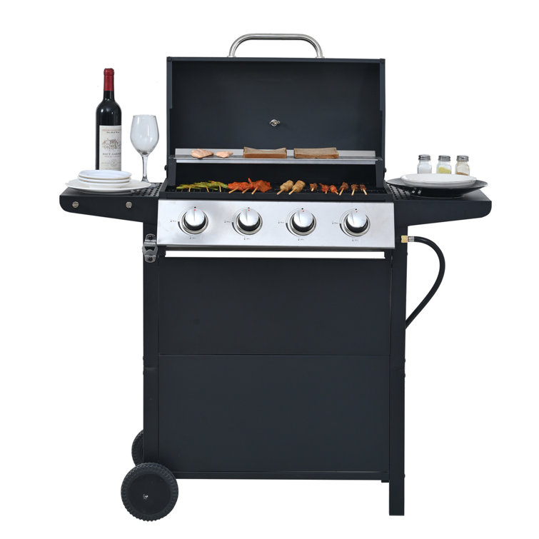 Black Stainless Steel 4-Burner Propane Gas Grill with Side Burner