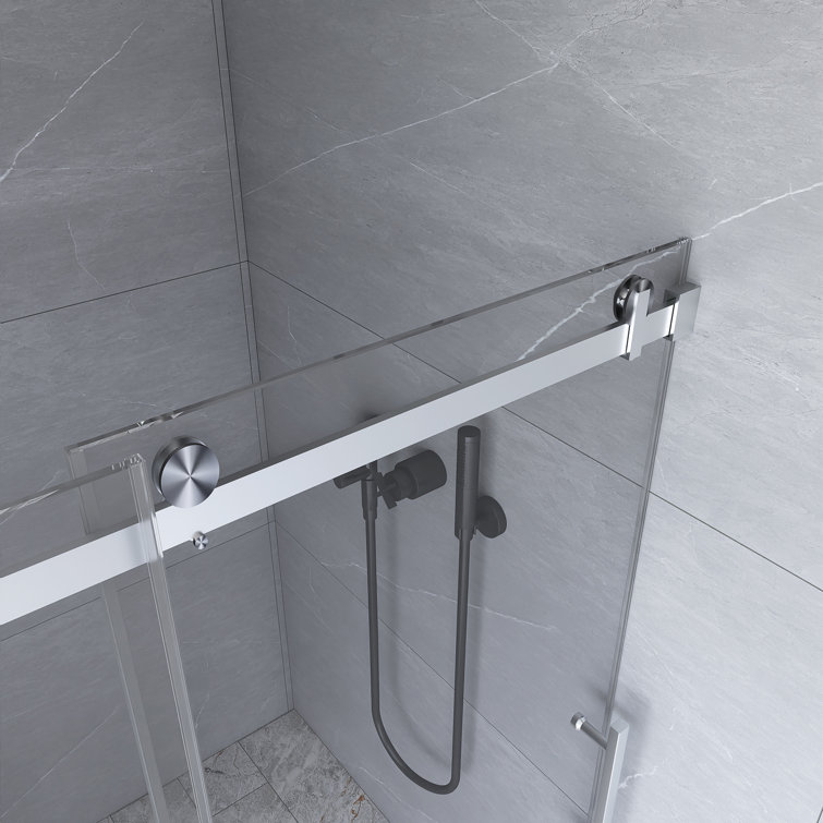 76" Frameless Clear Glass Sliding Shower Door with Brushed Nickel Hardware