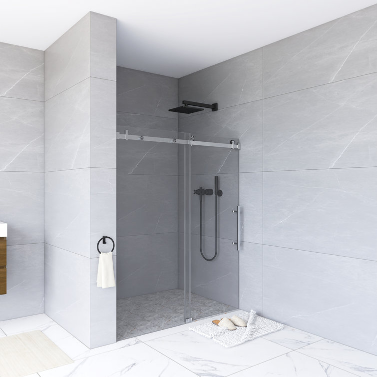 76" Frameless Clear Glass Sliding Shower Door with Brushed Nickel Hardware