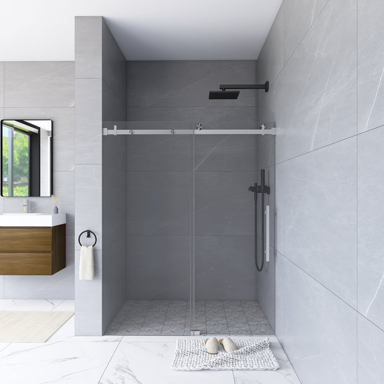 76" Frameless Clear Glass Sliding Shower Door with Brushed Nickel Hardware