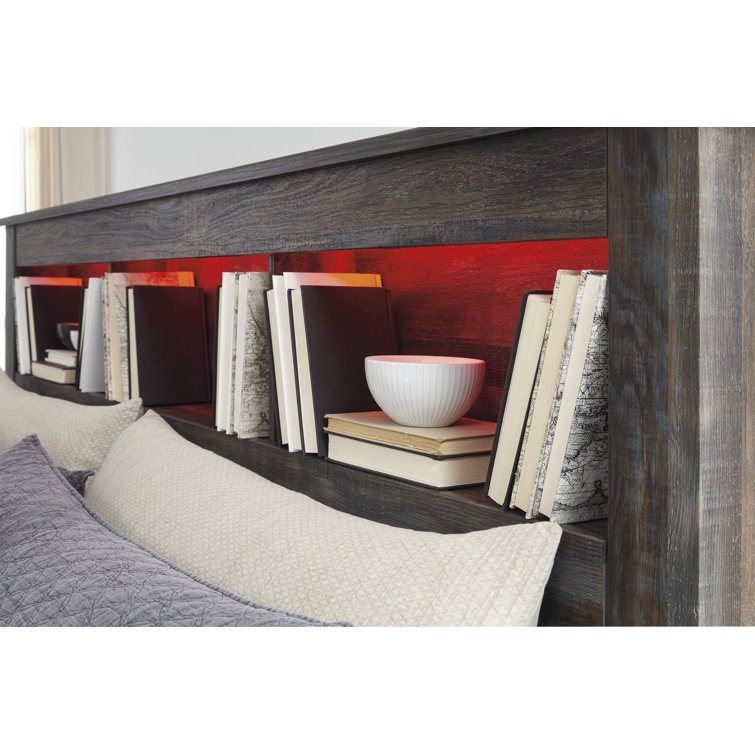 Rustic Industrial King Bookcase Headboard with LED Light, Weatherworn Brown