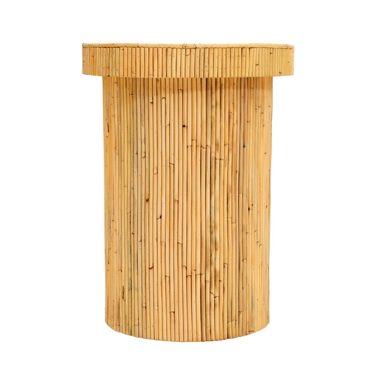 Round Ribbed Rattan and Mahogany Side Table