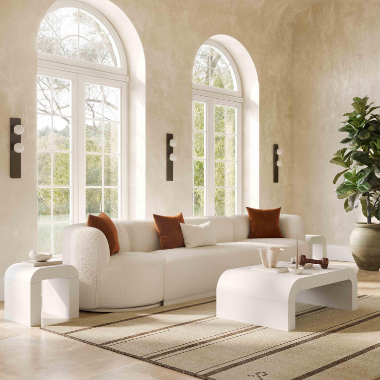 White Acacia Wood Rectangular Coffee Table with Rounded Legs
