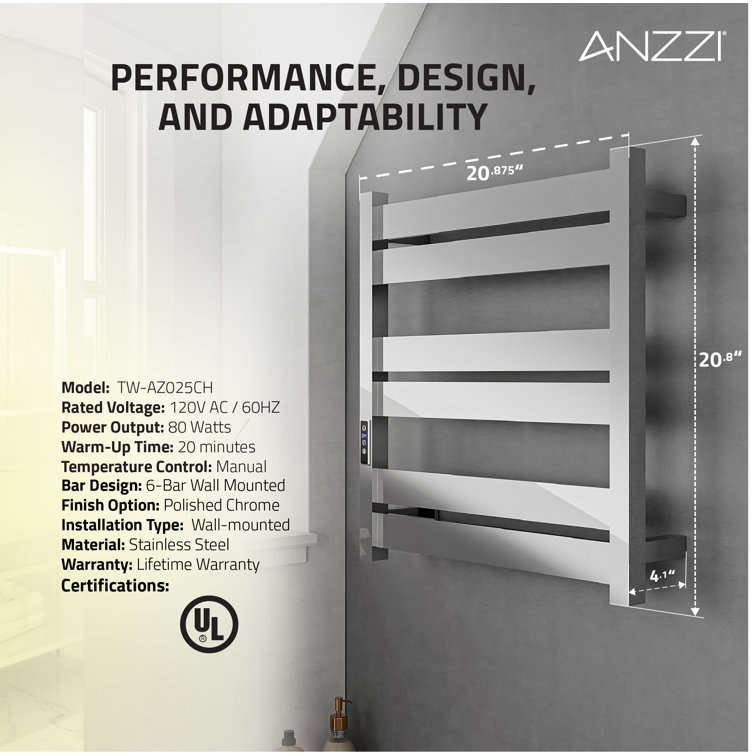 Polished Chrome 6-Bar Stainless Steel Wall Mounted Towel Warmer