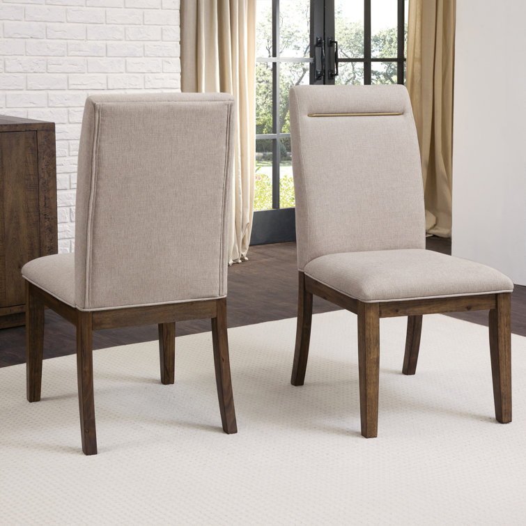 Caramel Wood 7-Piece Trestle Dining Set with Beige Upholstered Chairs