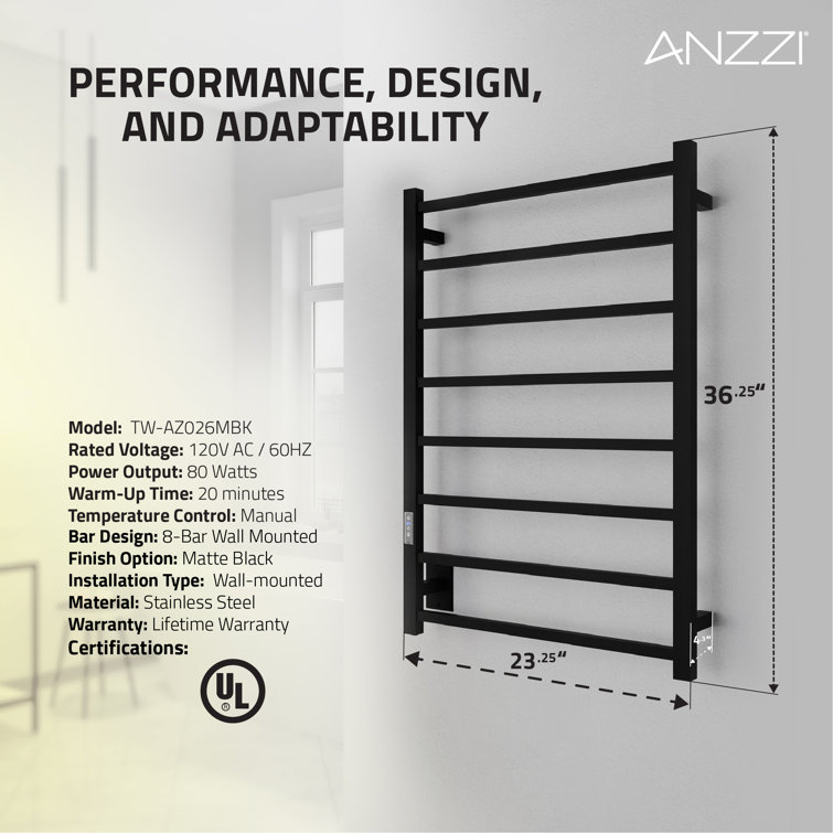 Matte Black Stainless Steel Wall Mounted 8-Bar Towel Warmer