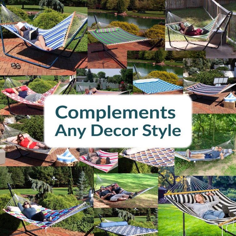 Gray and Blue Striped Quilted Polyester 2-Person Hammock with Spreader Bars