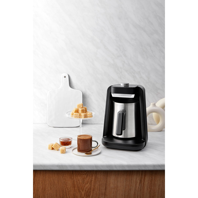Chrome and Black Stainless Steel Turkish Coffee Maker with Auto Shut-Off