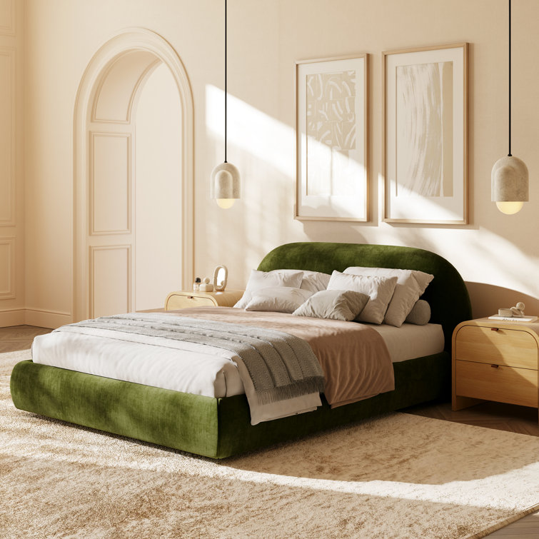 Distressed Green Velvet Queen Upholstered Bed with Headboard