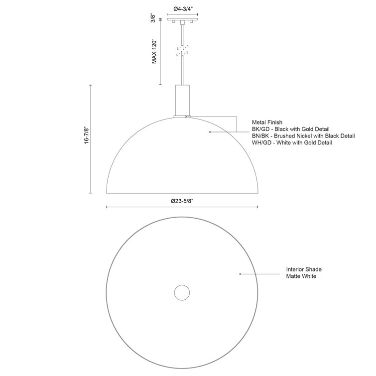 White Aluminum Bowl Pendant Light with Brushed Nickel Accents