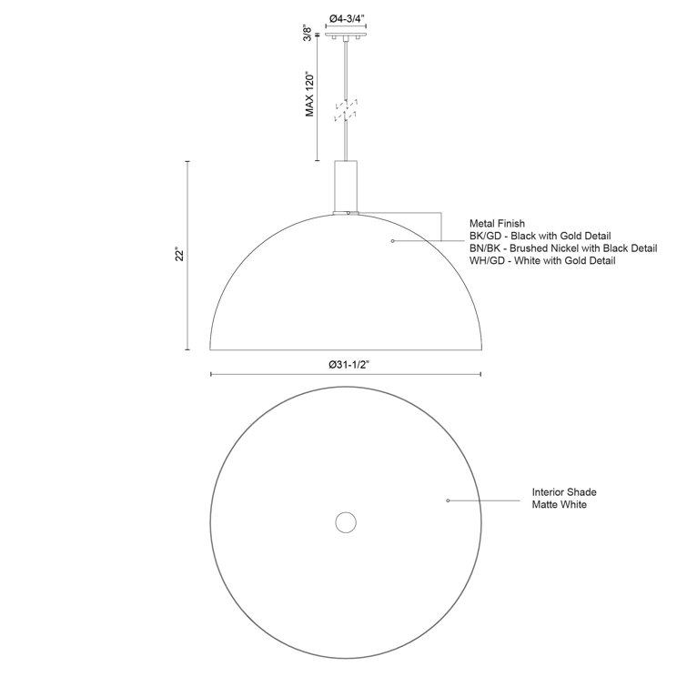White Aluminum Dome Pendant Light with Brushed Nickel Accents