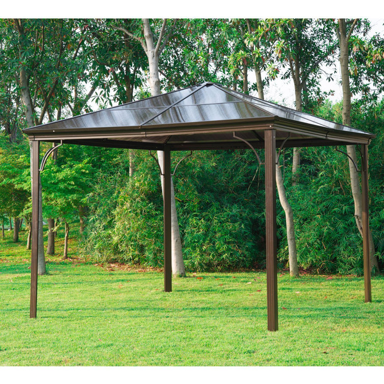 10' x 10' Brown Aluminum Hardtop Gazebo with Side Curtains