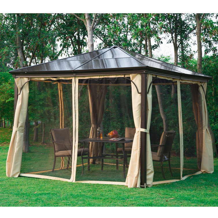 10' x 10' Brown Aluminum Hardtop Gazebo with Side Curtains