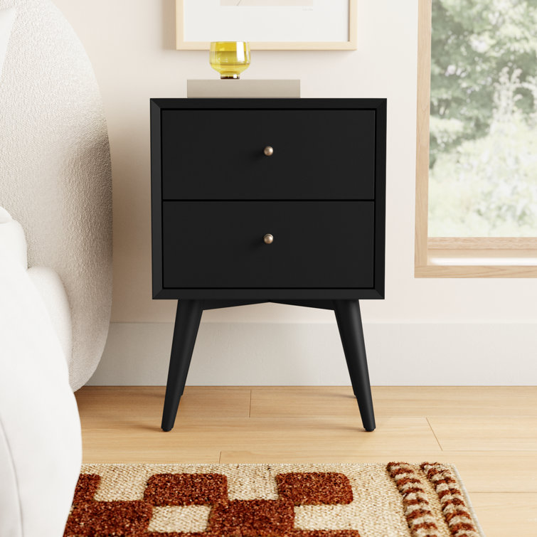 Flynn Black Transitional Mid-Century 2-Drawer Nightstand