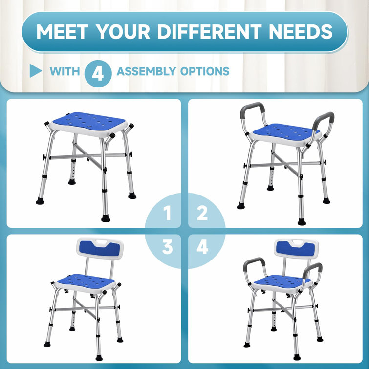 Heavy Duty Blue and White Adjustable Shower Chair with Arms and Back