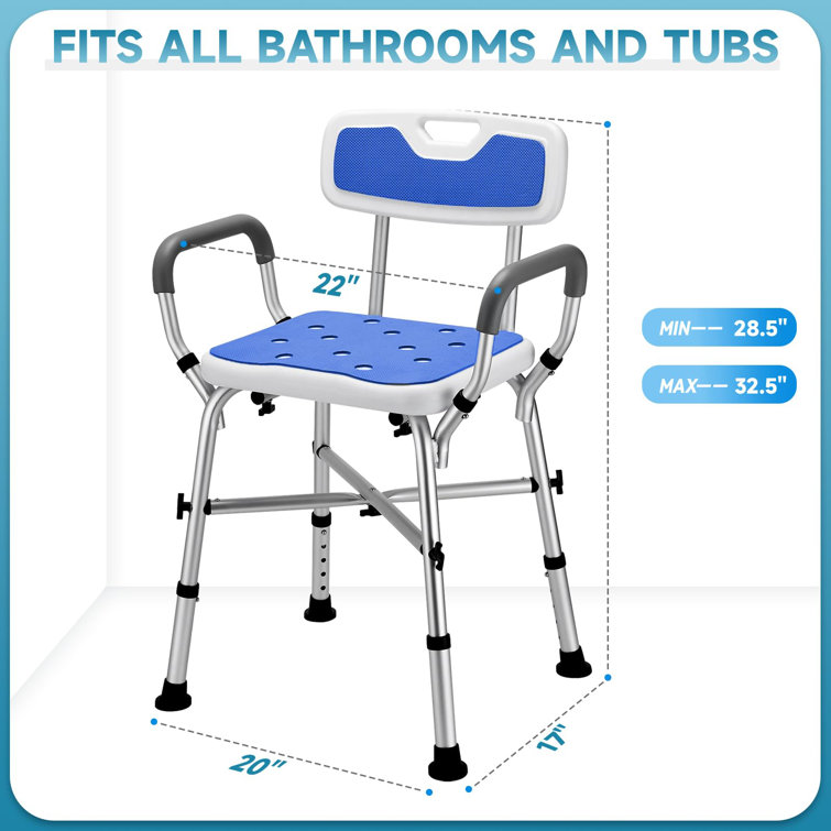 Heavy Duty Blue and White Adjustable Shower Chair with Arms and Back
