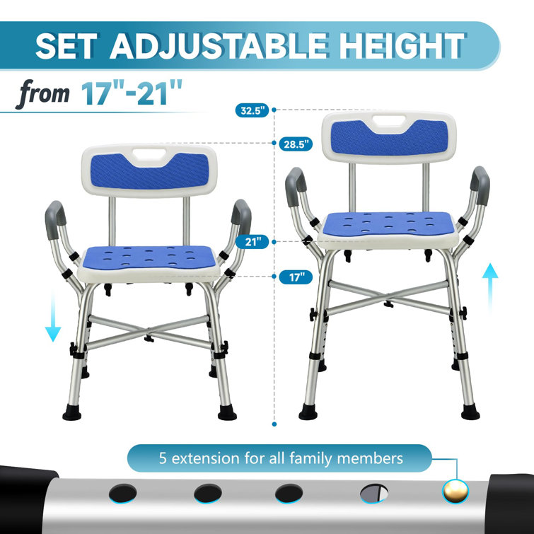 Heavy Duty Blue and White Adjustable Shower Chair with Arms and Back