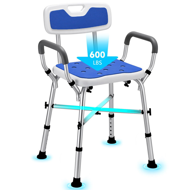 Heavy Duty Blue and White Adjustable Shower Chair with Arms and Back