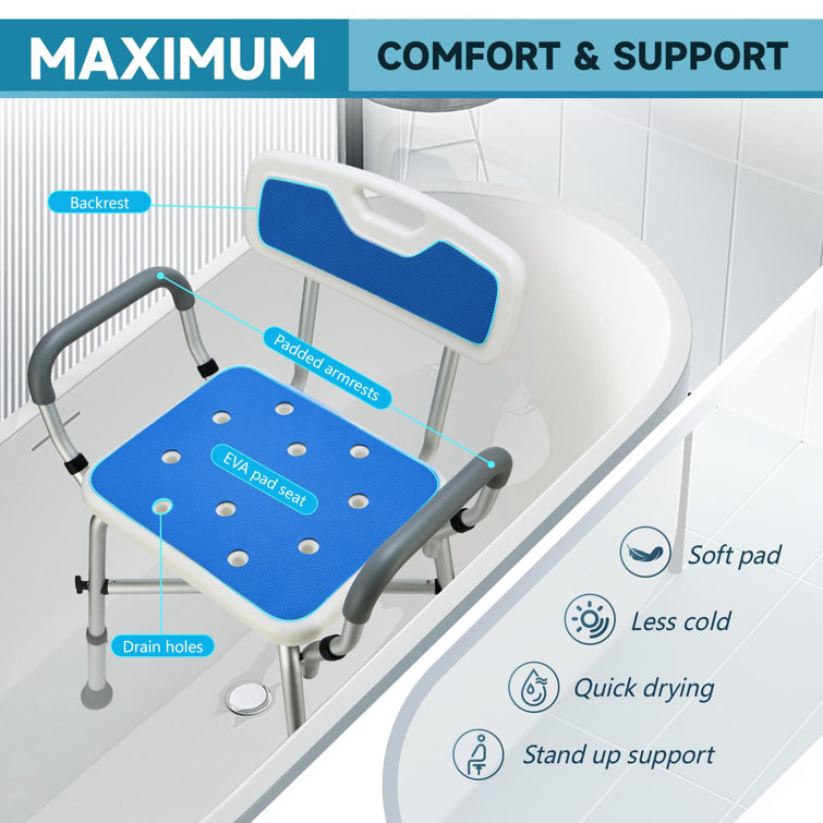 Heavy Duty Blue and White Adjustable Shower Chair with Arms and Back