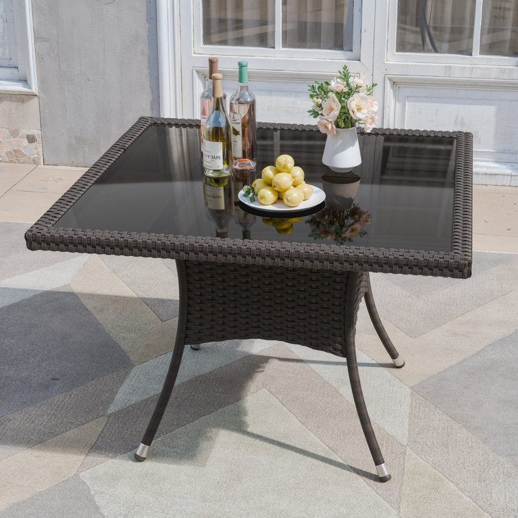 5-Piece Dark Brown Rattan Outdoor Dining Set with Sand Cushions and Glass Tabletop