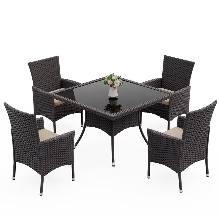 5-Piece Dark Brown Rattan Outdoor Dining Set with Sand Cushions and Glass Tabletop