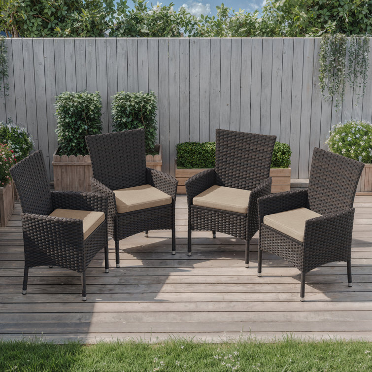 5-Piece Dark Brown Rattan Outdoor Dining Set with Sand Cushions and Glass Tabletop
