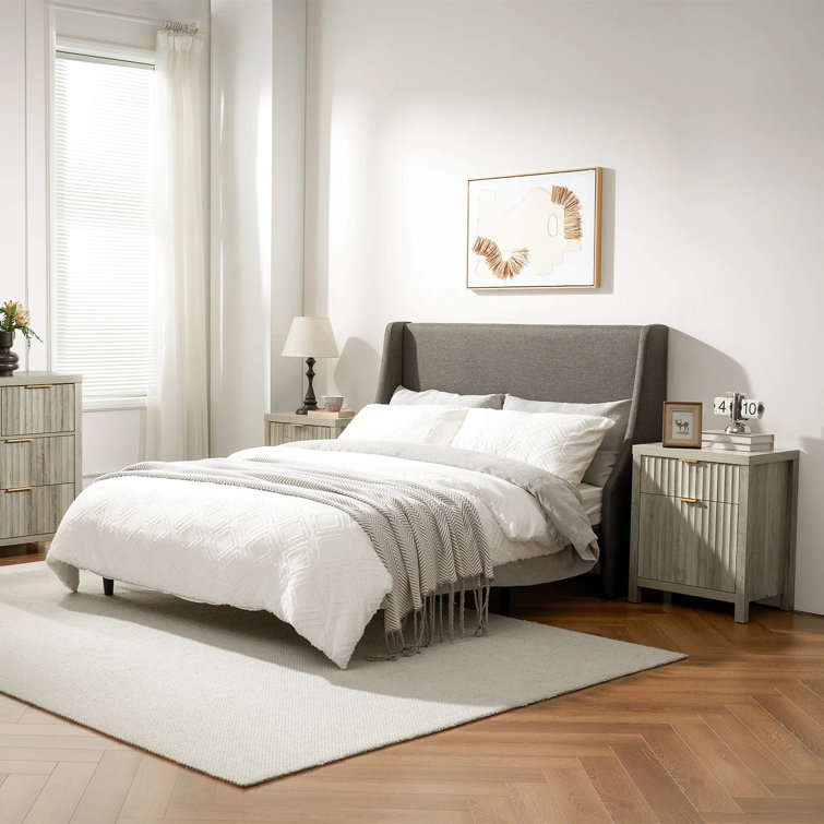 Greige Oak 2-Drawer Nightstand with Built-In Charging Station, Set of 2