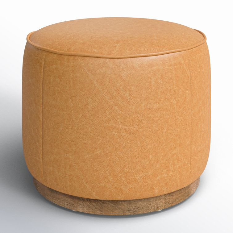 Tan Leather Round Cocktail Ottoman with Natural Wood Base