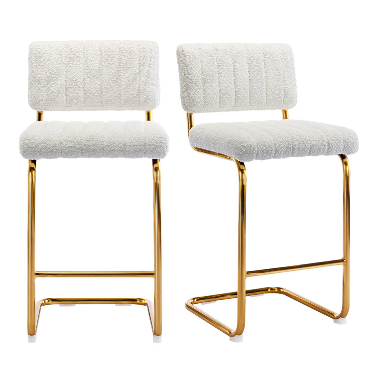 White Boucle Upholstered Counter Stools with Gold Metal Base, Set of 2