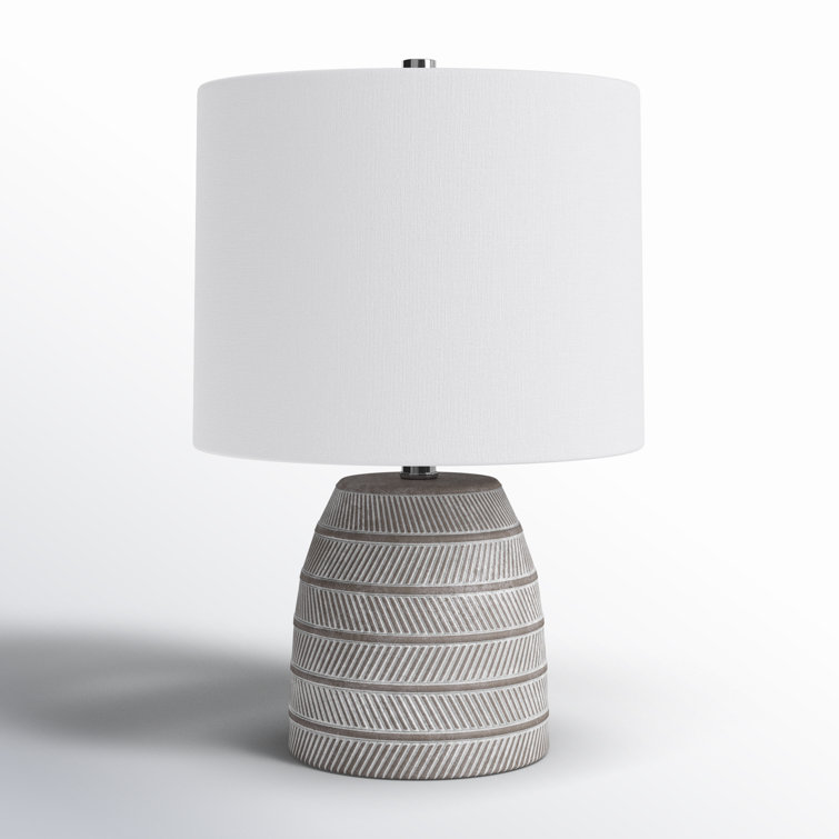 White and Gray Concrete Table Lamp with Etched Design