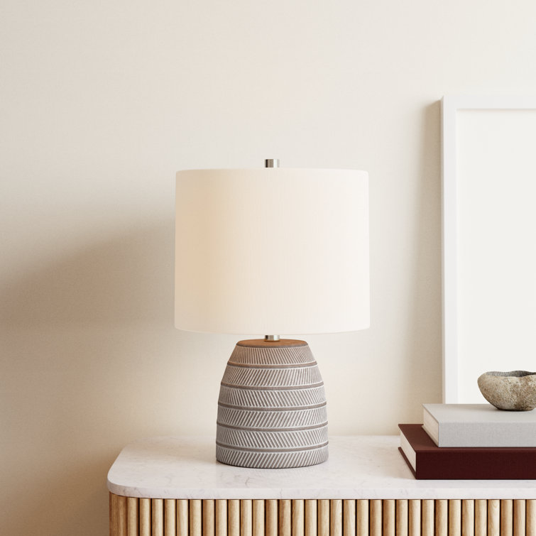 White and Gray Concrete Table Lamp with Etched Design
