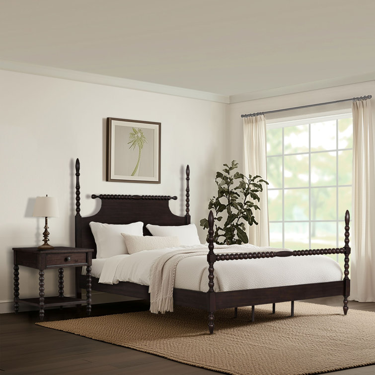 Beckett Deep Brown Acacia Queen Poster Bed with Rolling Pin Headboard