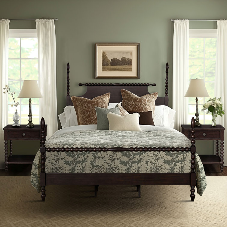 Beckett Deep Brown Acacia Queen Poster Bed with Rolling Pin Headboard
