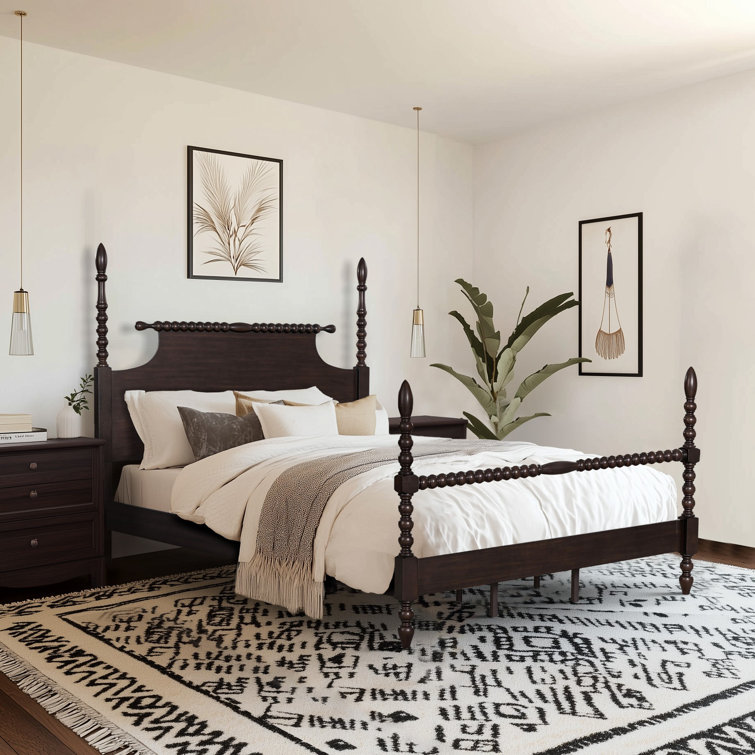 Beckett Deep Brown Acacia Queen Poster Bed with Rolling Pin Headboard
