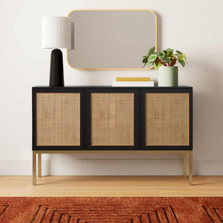 Zadie Coastal Black and Gold Rattan Sideboard with Storage