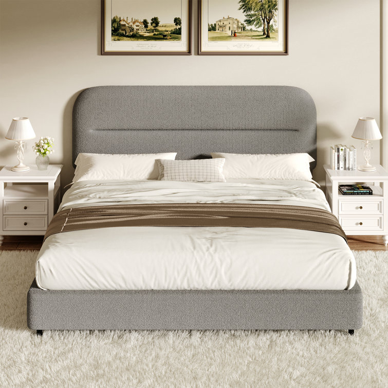 Gray Boucle Upholstered Queen Bed Frame with Headboard