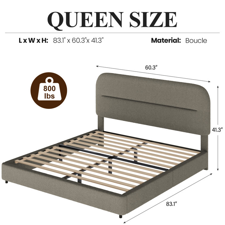 Gray Boucle Upholstered Queen Bed Frame with Headboard