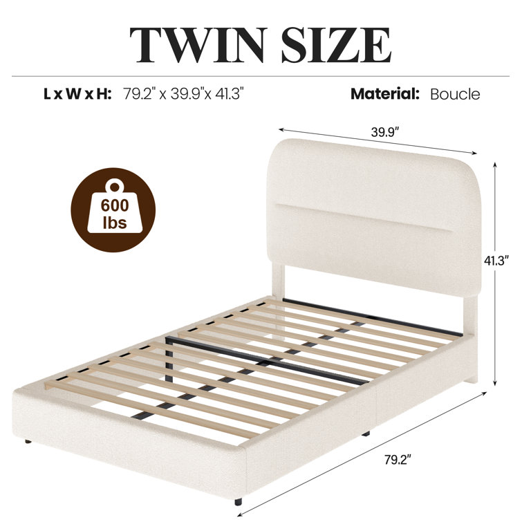Cream Boucle Upholstered Twin Bed Frame with Headboard