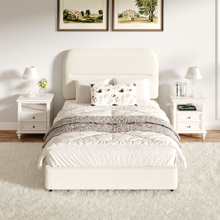 Cream Boucle Upholstered Twin Bed Frame with Headboard