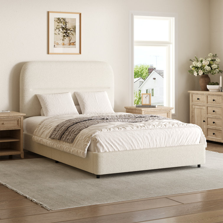 Cream Boucle Upholstered Twin Bed Frame with Headboard