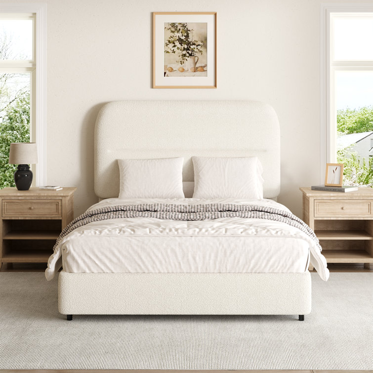 Cream Boucle Upholstered Twin Bed Frame with Headboard