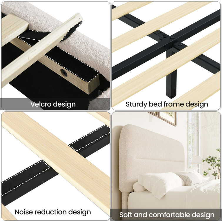Cream Boucle Upholstered Twin Bed Frame with Headboard