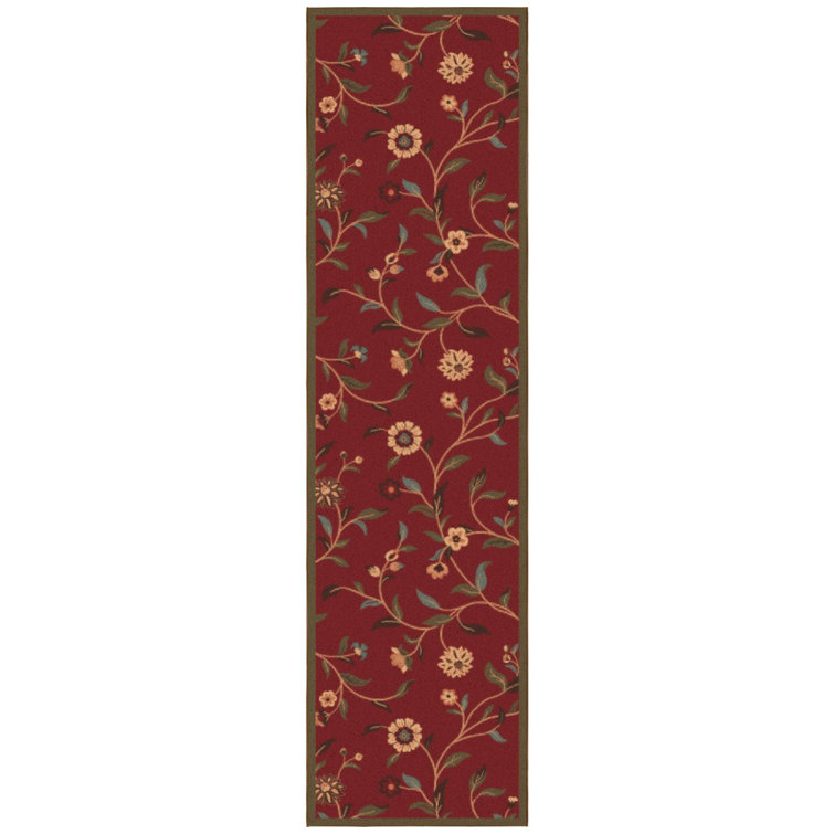 Red Floral Synthetic Rubber Back Hallway Runner Rug