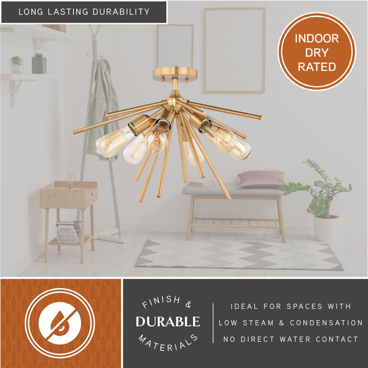 Natural Brass 6-Light Sputnik Semi Flush Mount Fixture