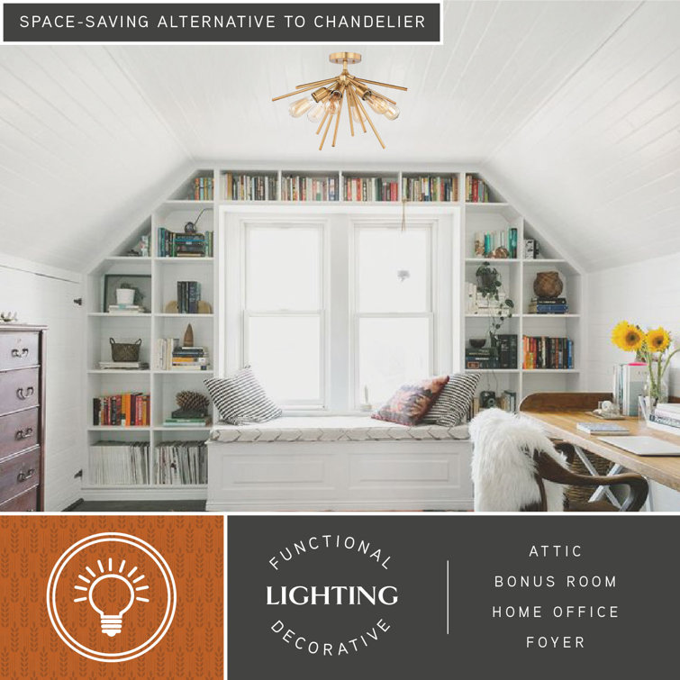 Natural Brass 6-Light Sputnik Semi Flush Mount Fixture