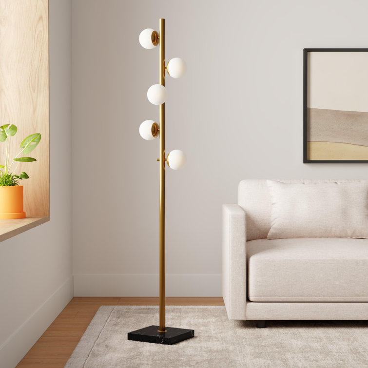 Mid-Century Antique Brass LED Tree Floor Lamp with White Opal Shades