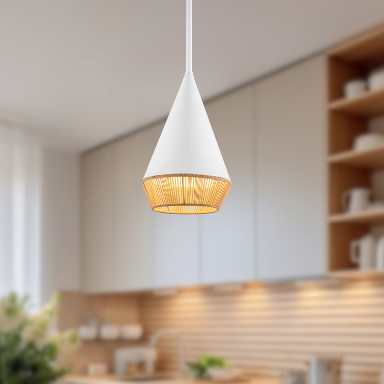 White Steel Single Light Pendant with Natural Rope Accent
