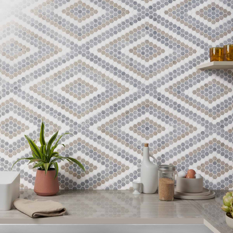 Hyperion Beige and Gray Marble Hexagon Mosaic Tile Sheet