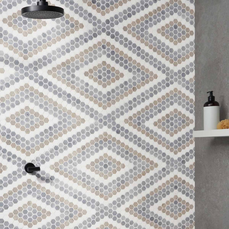 Hyperion Beige and Gray Marble Hexagon Mosaic Tile Sheet